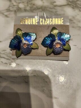 Genuine Vinyage Cloisonne Blue Flower Stud Earrings